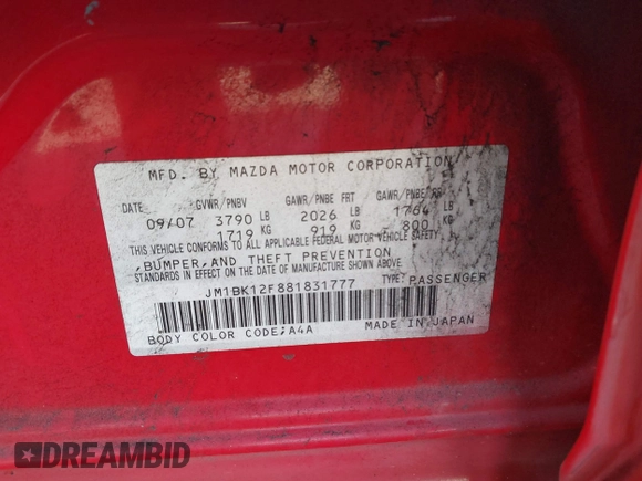 2008 Mazda 3 i Touring with VIN JM1BK12F881831777, listed as a IAAI auction lot 41428151 with 216,582 mi miles and . Bid and sale history available at DreamBid. Image 9.
