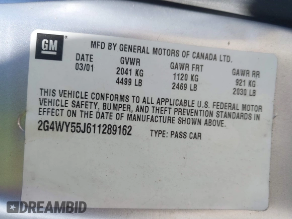 2001 Buick Century Limited with VIN 2G4WY55J611289162, listed as a IAAI auction lot 42137098 with 66,162 mi miles and . Bid and sale history available at carsss.com. Image 9.