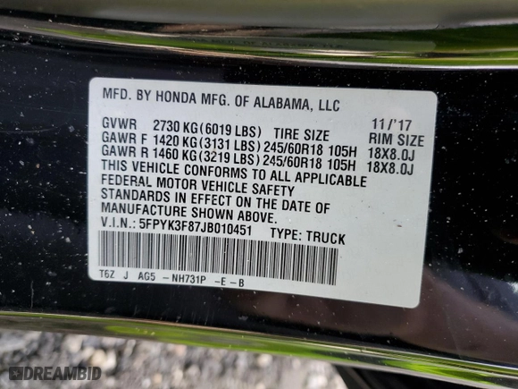 2018 Honda Ridgeline Black Edition with VIN 5FPYK3F87JB010451, listed as a Copart auction lot 78154544 with 69,497 mi miles and Salvage Title. Bid and sale history available at carsss.com. Image 12.