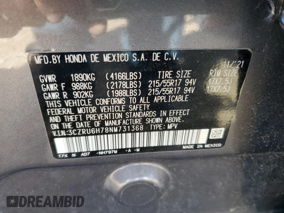 2022 Honda HR-V EX-L with VIN 3CZRU6H78NM731368, listed as a Copart auction lot 75349844 with 26,973 mi miles and Clean Title. Bid and sale history available at DreamBid. Image 12.