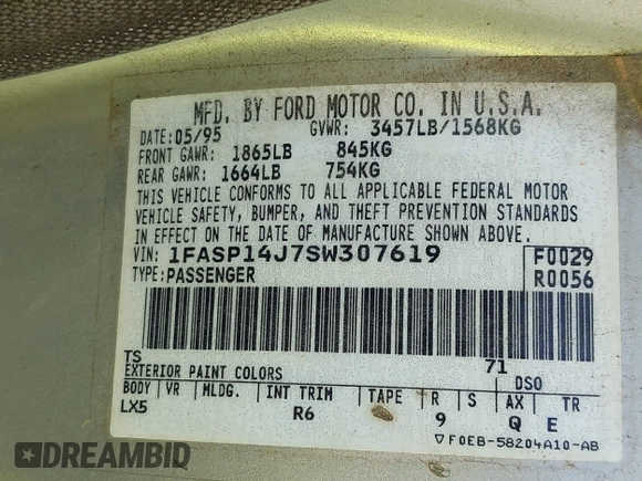 1995 Ford Escort с VIN 1FASP14J7SW307619, выставлен на аукционе IAAI как лот 42440199 с пробегом 199 793 миль миль и . История ставок и продаж доступна на DreamBid. Изображение 9.