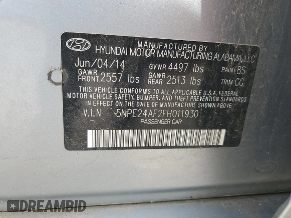 2015 Hyundai Sonata SE with VIN 5NPE24AF2FH011930, listed as a Copart auction lot 54248135 with 159,598 mi miles and Clean Title. Bid and sale history available at DreamBid. Image 12.