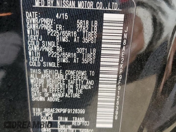 2015 Nissan Quest SV with VIN JN8AE2KP9F9128399, listed as a Copart auction lot 74980554 with 108,346 mi miles and Salvage Title. Bid and sale history available at carsss.com. Image 13.