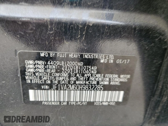 2017 Subaru WRX STI with VIN JF1VA2M60H9832285, listed as a Copart auction lot 53311395 with 61,463 mi miles and Clean Title. Bid and sale history available at carsss.com. Image 13.