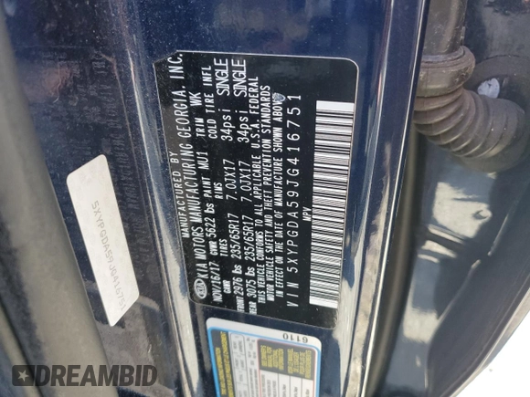 2018 Kia Sorento LX V6 with VIN 5XYPGDA59JG416751, listed as a Copart auction lot 48550805 with 0 mi miles and Salvage Title. Bid and sale history available at carsss.com. Image 13.