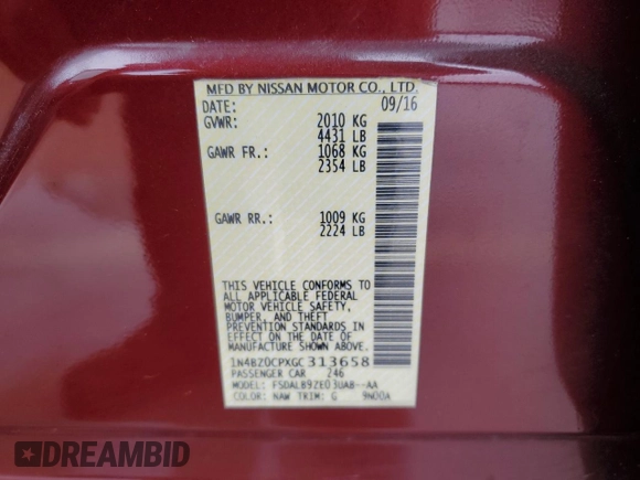 2016 Nissan LEAF S with VIN 1N4BZ0CPXGC313658, listed as a Copart auction lot 40262153 with 48,274 mi miles. Bid and sale history available at carsss.com. Image 14.