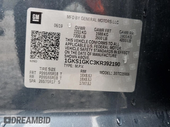 2019 GMC Yukon XL SLT with VIN 1GKS1GKC3KR392190, listed as a Copart auction lot 86548064 with 0 mi miles and Salvage Title. Bid and sale history available at carsss.com. Image 15.