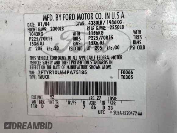 2004 Ford Ranger XL with VIN 1FTYR10U64PA75185, listed as a Copart auction lot 46357545 with 192,600 mi miles and Clean Title. Bid and sale history available at DreamBid. Image 10.