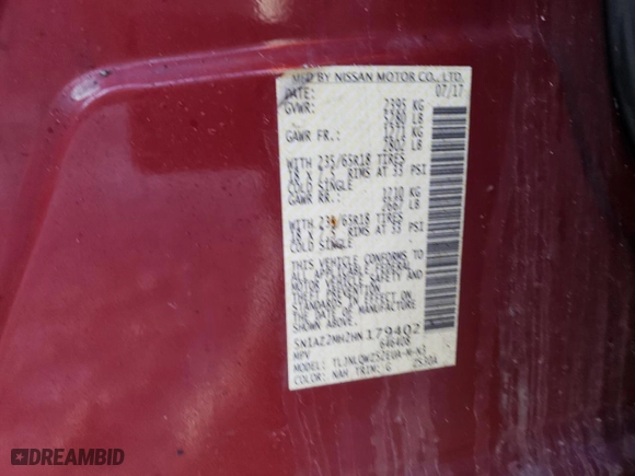 2017 Nissan Murano SL with VIN 5N1AZ2MH2HN179402, listed as a Copart auction lot 49954425 with 93,312 mi miles and Salvage Title. Bid and sale history available at carsss.com. Image 14.