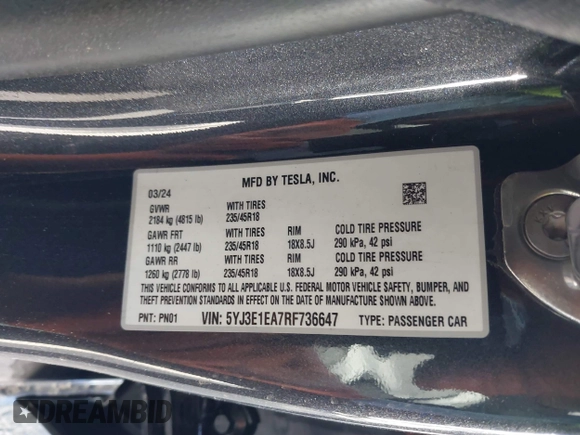 2024 Tesla Model 3 z VIN 5YJ3E1EA7RF736647, wystawiony jako IAAI lot #41372410 z przebiegiem 12 889 mil mil oraz . Historia ofert i sprzedaży dostępna na DreamBid. Obrazek 9.