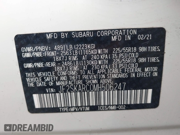 2021 Subaru Forester Special Sports with VIN JF2SKARC0MH506247, listed as a IAAI auction lot 42323287 with 65,186 mi miles and . Bid and sale history available at DreamBid. Image 9.