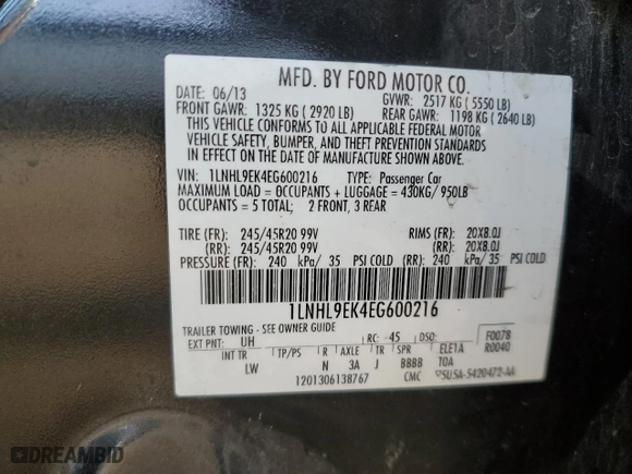 2014 Lincoln MKS with VIN 1LNHL9EK4EG600216, listed as a Copart auction lot 43471485 with 78,350 mi miles and Salvage Title. Bid and sale history available at carsss.com. Image 13.