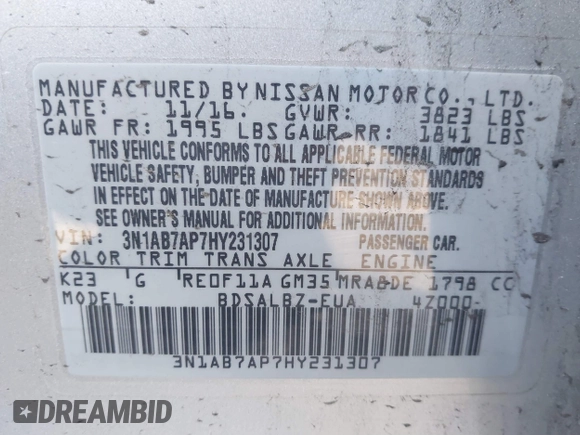 2017 Nissan Sentra SL with VIN 3N1AB7AP7HY231307, listed as a IAAI auction lot 41501697 with 66,787 mi miles and . Bid and sale history available at DreamBid. Image 9.