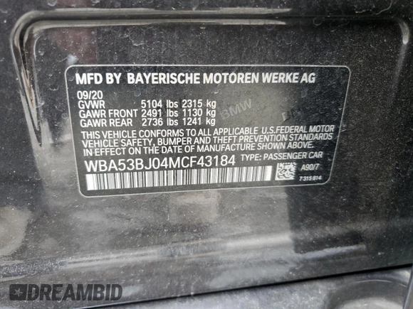 2021 BMW 5 Series 540i with VIN WBA53BJ04MCF43184, listed as a Copart auction lot 45384945 with 48,290 mi miles and Salvage Title. Bid and sale history available at DreamBid. Image 12.