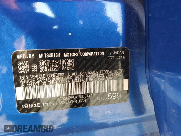 2017 Mitsubishi Lancer ES with VIN JA32U2FUXHU004417, listed as a Copart auction lot 73875274 with 100,562 mi miles and Salvage Title. Bid and sale history available at DreamBid. Image 14.