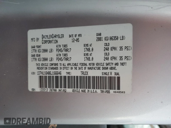 2006 Dodge 1500 SLT with VIN 1D7HU16N86J166646, listed as a Copart auction lot 75390424 with 86,039 mi miles and Salvage Title. Bid and sale history available at DreamBid. Image 13.