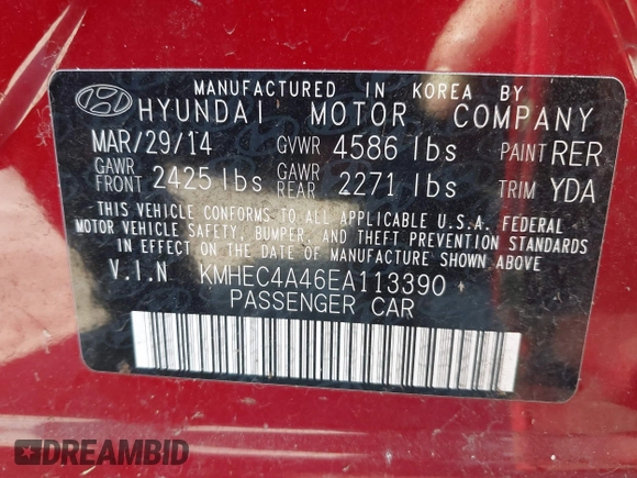 2014 Hyundai Sonata Limited with VIN KMHEC4A46EA113390, listed as a IAAI auction lot 42141026 with 71,414 mi miles and . Bid and sale history available at carsss.com. Image 9.