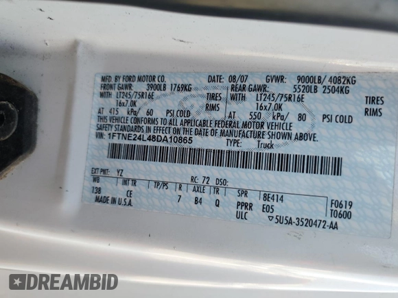 2008 Ford Econoline Cargo Commercial with VIN 1FTNE24L48DA10865, listed as a Copart auction lot 70858474 with 177,770 mi miles and Salvage Title. Bid and sale history available at DreamBid. Image 13.