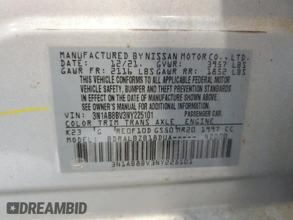 2022 Nissan Sentra S z VIN 3N1AB8BV3NY225101, wystawiony jako Copart lot #51461615 z przebiegiem 51 461 mil mil oraz Szkoda całkowita • Salvage title. Historia ofert i sprzedaży dostępna na DreamBid. Obrazek 13.