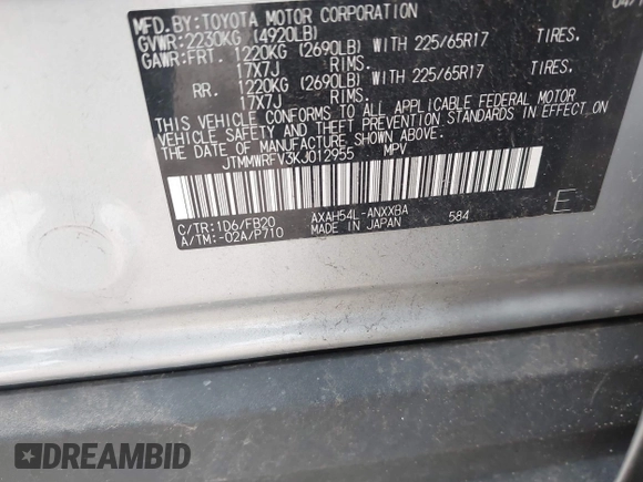 2019 Toyota RAV4 Hybrid LE with VIN JTMMWRFV3KJ012955, listed as a IAAI auction lot 42475244 with 103,674 mi miles and . Bid and sale history available at DreamBid. Image 9.