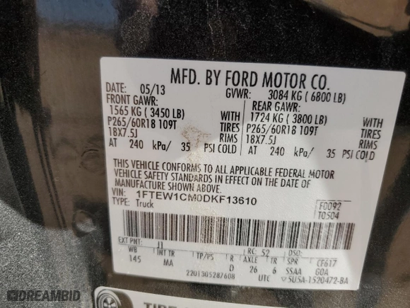 2013 Ford F-150 XL with VIN 1FTEW1CM0DKF13610, listed as a Copart auction lot 47131285 with 149,073 mi miles and Salvage Title. Bid and sale history available at carsss.com. Image 12.