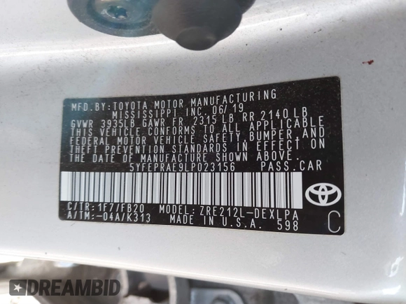 2020 Toyota Corolla LE with VIN 5YFEPRAE9LP023156, listed as a IAAI auction lot 41695183 with 114,123 mi miles. Bid and sale history available at carsss.com. Image 9.