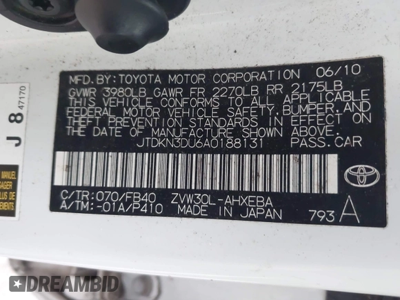 2010 Toyota Prius II with VIN JTDKN3DU6A0188131, listed as a IAAI auction lot 42156816 with 191,003 mi miles. Bid and sale history available at carsss.com. Image 9.