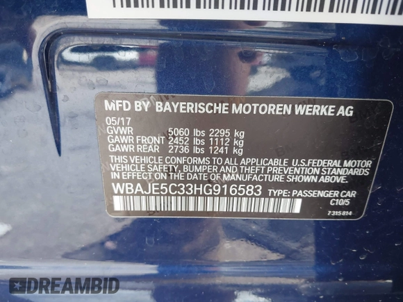 2017 BMW 5 Series 540i z VIN WBAJE5C33HG916583, wystawiony jako IAAI lot #42160663 z przebiegiem 60 441 mil mil oraz . Historia ofert i sprzedaży dostępna na DreamBid. Obrazek 9.