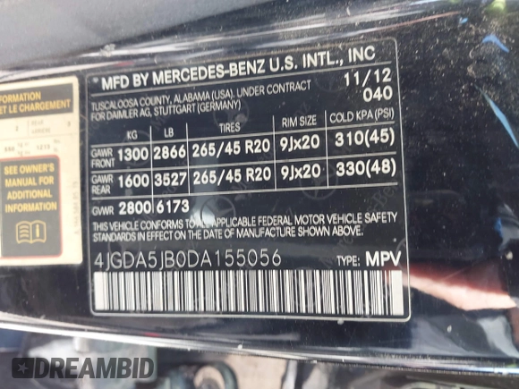 2013 Mercedes-Benz M 350 with VIN 4JGDA5JB0DA155056, listed as a IAAI auction lot 41807470 with 145,927 mi miles and . Bid and sale history available at DreamBid. Image 9.