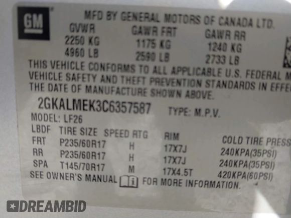 2012 GMC Terrain SLE-1 z VIN 2GKALMEK3C6357587, wystawiony jako IAAI lot #41461269 z przebiegiem 198 041 mil mil oraz . Historia ofert i sprzedaży dostępna na DreamBid. Obrazek 9.