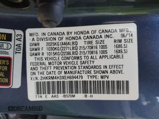 2014 Honda CR-V LX with VIN 2HKRM4H3XEH694479, listed as a IAAI auction lot 41992465 with 134,438 mi miles and . Bid and sale history available at carsss.com. Image 9.