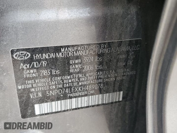 2019 Hyundai Elantra SE with VIN 5NPD74LFXKH489078, listed as a Copart auction lot 48174455 with 114,627 mi miles and Salvage Title. Bid and sale history available at DreamBid. Image 12.