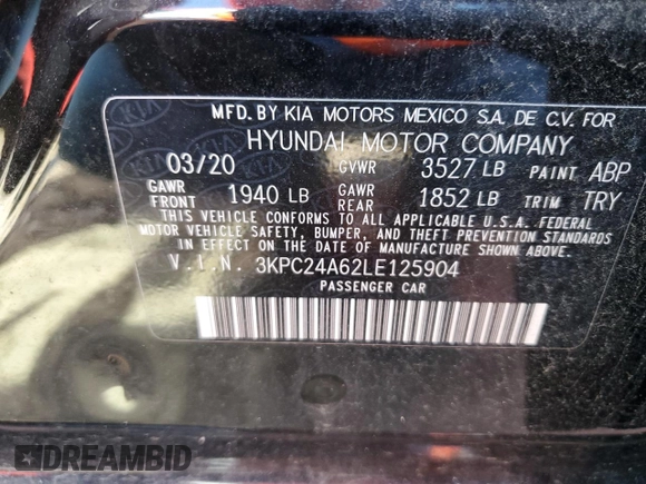 2020 Hyundai Accent SE with VIN 3KPC24A62LE125904, listed as a Copart auction lot 70260803 with 37,850 mi miles. Bid and sale history available at carsss.com. Image 12.