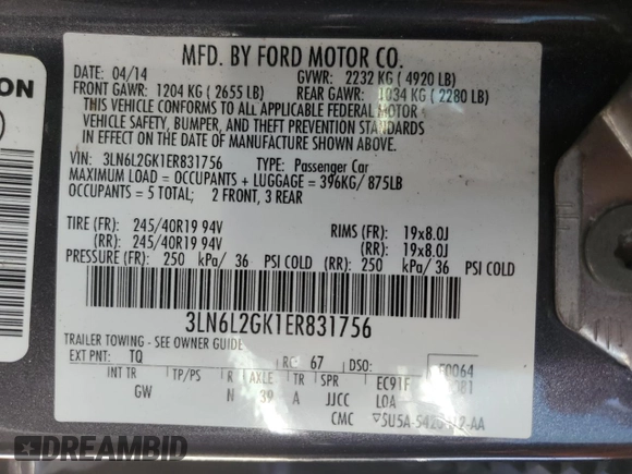 2014 Lincoln MKZ with VIN 3LN6L2GK1ER831756, listed as a Copart auction lot 49974955 with 190,434 mi miles and Salvage Title. Bid and sale history available at carsss.com. Image 12.
