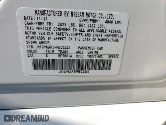 2015 Infiniti Q40 with VIN JN1CV6AR3FM524441, listed as a Copart auction lot 52998465 with 0 mi miles and Salvage Title. Bid and sale history available at carsss.com. Image 12.