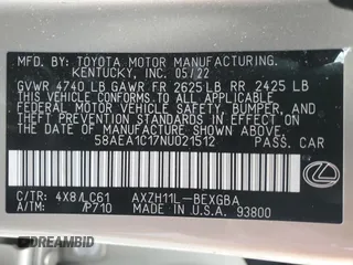 2022 Lexus ES 300h Luxury with VIN 58AEA1C17NU021512, listed as a Copart auction lot 51000875 with 7,520 mi miles and Salvage title. Bid and sale history available at DreamBid. Image 12.