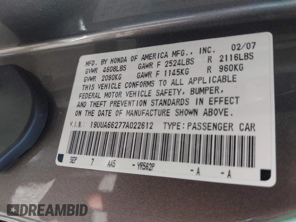 2007 Acura TL with VIN 19UUA66277A022612, listed as a IAAI auction lot 41822692 with 150,425 mi miles. Bid and sale history available at carsss.com. Image 9.