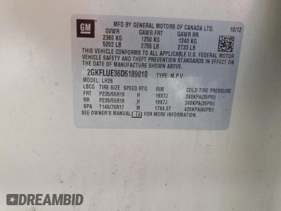 2013 GMC Terrain SLT with VIN 2GKFLUE36D6189010, listed as a Copart auction lot 51419035 with 236,702 mi miles and Salvage Title. Bid and sale history available at carsss.com. Image 13.
