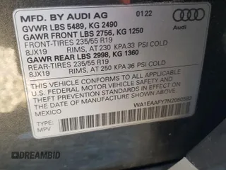 2022 Audi Q5 S line Premium Plus with VIN WA1EAAFY7N2050583, listed as a Copart auction lot 49108475 with 34,090 mi miles and Salvage Title. Bid and sale history available at DreamBid. Image 16.