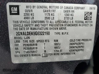 2016 Chevrolet Equinox LTZ with VIN 2GNALDEK9G6322190, listed as a Copart auction lot 53302495 with 132,843 mi miles and Clean Title. Bid and sale history available at carsss.com. Image 13.