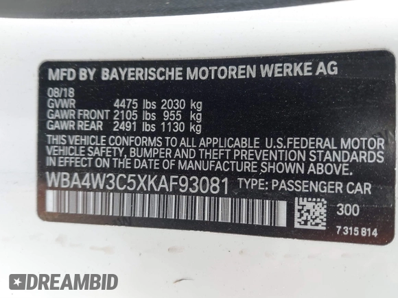 2019 BMW 4 Series 430i with VIN WBA4W3C5XKAF93081, listed as a IAAI auction lot 41689477 with 87,936 mi miles and . Bid and sale history available at DreamBid. Image 9.