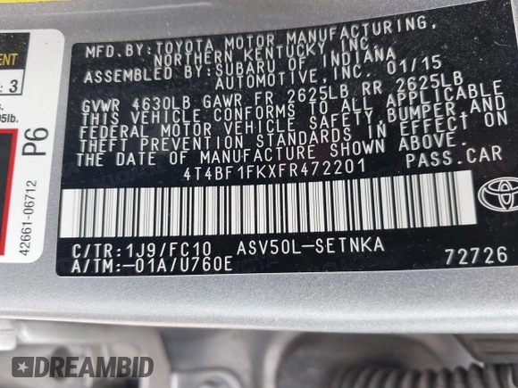 2015 Toyota Camry XLE with VIN 4T4BF1FKXFR472201, listed as a IAAI auction lot 41883944 with 143,296 mi miles and . Bid and sale history available at DreamBid. Image 9.