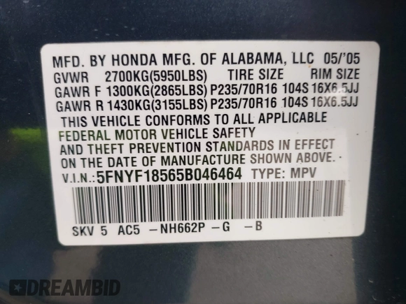 2005 Honda Pilot EX-L with VIN 5FNYF18565B046464, listed as a IAAI auction lot 41879495 with 228,021 mi miles. Bid and sale history available at carsss.com. Image 9.