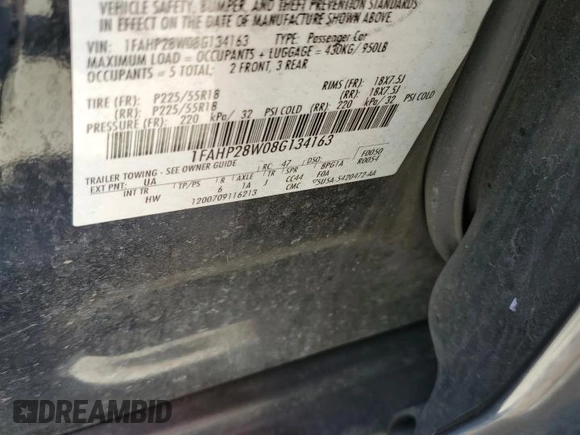 2008 Ford Taurus Limited with VIN 1FAHP28W08G134163, listed as a Copart auction lot 80072614 with 121,614 mi miles and Salvage Title. Bid and sale history available at carsss.com. Image 12.