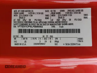 2020 Ford F-150 XL with VIN 1FTEX1CP5LFB98592, listed as a Copart auction lot 54707715 with 108,369 mi miles and Salvage title. Bid and sale history available at DreamBid. Image 13.