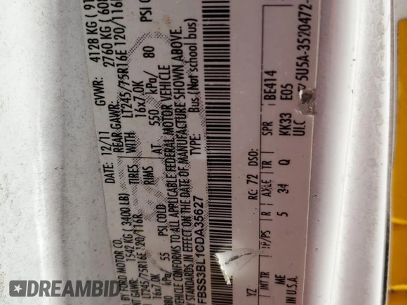 2012 Ford Econoline Passenger XL with VIN 1FBSS3BL1CDA35627, listed as a Copart auction lot 57001114 with Not Provided miles and Salvage Title. Bid and sale history available at DreamBid. Image 14.