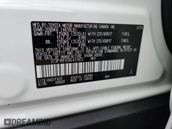 2024 Toyota RAV4 XLE with VIN 2T3P1RFV5RC431852, listed as a Copart auction lot 64449775 with 22,378 mi miles and Salvage title. Bid and sale history available at DreamBid. Image 12.