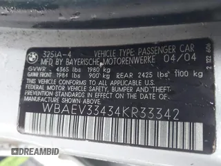 2004 BMW 3 Series 325i with VIN WBAEV33434KR33342, listed as a IAAI auction lot 41567253 with 197,674 mi miles. Bid and sale history available at carsss.com. Image 9.