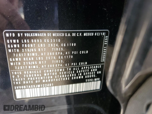 2018 Volkswagen Tiguan S с VIN 3VV0B7AXXJM122461, выставлен на аукционе Copart как лот 56054285 с пробегом 77 176 миль миль и Списание • Salvage title. История ставок и продаж доступна на DreamBid. Изображение 13.