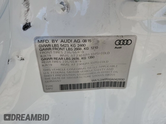 2016 Audi Q5 Premium Plus с VIN WA1L2AFP0GA042930, выставлен на аукционе Copart как лот 53956215 с пробегом 106 619 миль миль и Списание • Salvage title. История ставок и продаж доступна на DreamBid. Изображение 14.